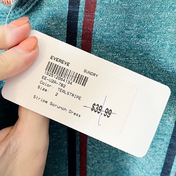 Sundry NEW Teal Stripe Scrunch Dress Sleeveless V-Neck Size 2 = Medium 8/10 - Picture 8 of 10